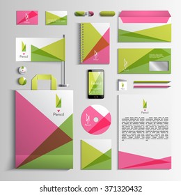 Corporate identity template in pink and green colors with geometric pattern. Vector company style for brandbook and guideline. EPS 10
