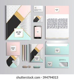 Corporate identity template in pink and turquoise colors with hipster creative patterns. Vector company style for brand book and guideline. Stylish and clear branding. EPS 10