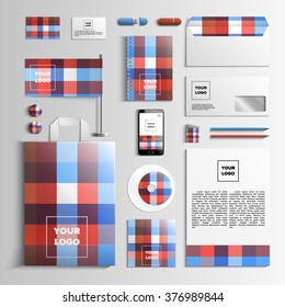 Corporate identity template in red and blue colors with square background. Vector company style for brandbook and guideline. EPS 10