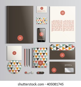 Corporate identity template in red, brown and beige colors with triangular pattern. Vector company style for brandbook and guideline. EPS 10