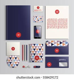 Corporate identity template in red, dark blue and beige colors with triangular pattern. Vector company style for brandbook and guideline. EPS 10