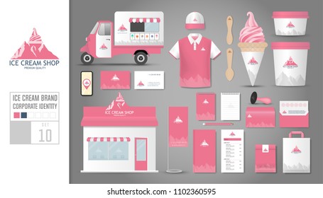 Corporate identity template Set 10. Logo concept for ice cream shop, cafe, restaurant. Realistic mock up template set of shop, car, polo shirt, apron, cap, cup, menu, rubber stamp, coupon, package.