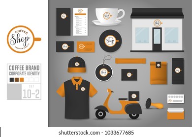 Corporate identity template Set 10-2. Logo concept for coffee shop, cafe, restaurant. Realistic mock up template set of store, polo shirt, cap, cup, menu, name card, scooter, coupon, package.