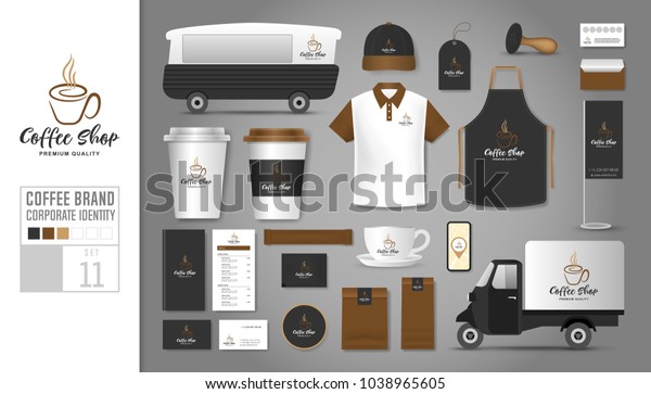 Corporate identity template Set 11. Logo concept\
for coffee shop, cafe, restaurant. Realistic mock up template set\
of car, polo shirt, apron, cap, cup, menu, name card, coupon,\
package, rubber\
stamp.