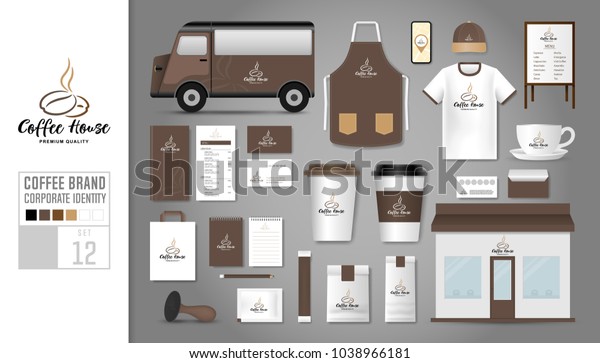 Corporate identity template Set 12. Logo concept\
for coffee shop, cafe, restaurant. Realistic mock up template set\
of store, car, t-shirt, apron, cap, cup, menu, name card, coupon,\
package.