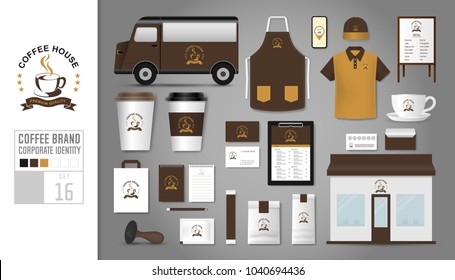 Corporate identity template Set 16. Logo concept for coffee shop, cafe, restaurant. Realistic mock up template set of store, polo shirt, apron, cap, cup, menu, rubber stamp, coupon, package.