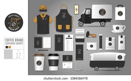 Corporate identity template Set 17. Logo concept for coffee shop, cafe, restaurant. Realistic mock up template set of car, polo shirt, apron, cap, cup, menu, rubber stamp, coupon, package.