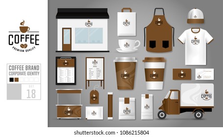 Corporate identity template Set 18. Logo concept for coffee shop, cafe, restaurant. Realistic mock up template set of store, car, t-shirt, apron, cap, cup, menu, package, name card, kiosk, tag.