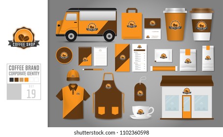 Corporate identity template Set 19. Logo concept for coffee shop, cafe, restaurant. Realistic mock up template set of store, car, polo shirt, apron, cap, cup, menu, package, name card.