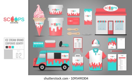 Corporate identity template Set 2. Logo concept for ice cream shop, cafe, restaurant. Realistic mock up template set of shop, car, polo shirt, cap, cup, menu, rubber stamp, coupon, package, cardboard.