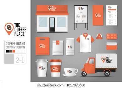 Corporate identity template Set 2-1. Logo concept for coffee shop, cafe, restaurant. Realistic mock up template set of store, polo shirt, menu, package, cup, apron, bag, coupon, car, cardboard. vector