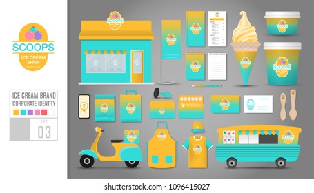 Corporate identity template Set 3. Logo concept for ice cream shop, cafe, restaurant. Realistic mock up template set of shop, car, t-shirt, apron, cap, cup, menu, rubber stamp, scooter, coupon.