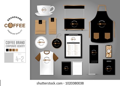 Corporate identity template Set 4-2. Logo concept for coffee shop, cafe, restaurant. Realistic mock up template set of menu, polo shirt, tag, package, cup, coaster, notepad, kiosk, package, bunting.