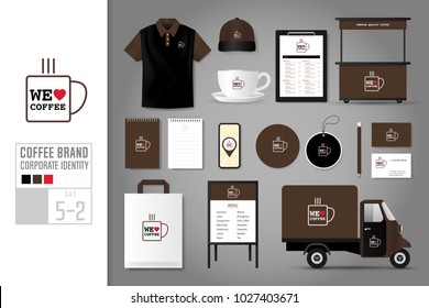 Corporate identity template Set 5-2. Logo concept for coffee shop, cafe, restaurant. Realistic mock up template set of menu, polo shirt, cap, tag, cup, coaster, notepad, kiosk, package, bunting.