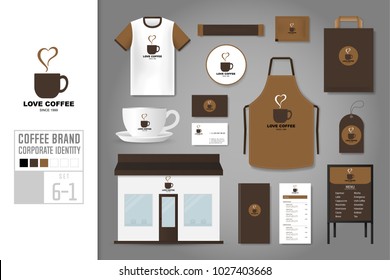 Corporate identity template Set 6-2. Logo concept for coffee shop, cafe, restaurant. Realistic mock up template set of t-shirt, apron, menu, store, package, bag, tag, cardboard, coaster. Vector.