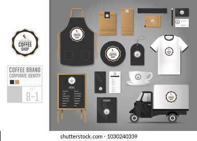 Corporate identity template Set 8-1. Logo concept for coffee shop, cafe, restaurant. Realistic mock up template set of car, t-shirt, apron, menu, cup, bag, name card, package, coaster, tag, cardboard.