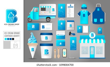 Corporate identity template Set 9. Logo concept for ice cream shop, cafe, restaurant. Realistic mock up template set of shop, car, t-shirt, apron, cap, cup, menu, rubber stamp, coupon, package, tag.