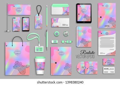 Corporate identity template set with abstract colorful holographic background. Business stationery mock-up with logotype. Creative trendy branding design