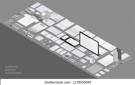 Corporate identity template set. Branding design. blank template. Business stationery mock-up with logo. large collection. Computer screen in isometric view. Blank templates for printing in isometric.