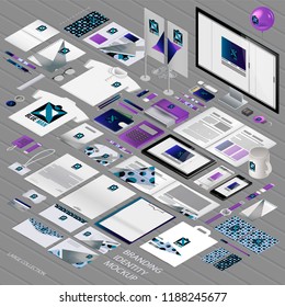 Corporate identity template set. Branding design. Business stationery mock-up with logo. large collection. Computer screen in isometric view. Blank templates for printing in isometric.