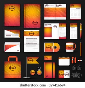 Corporate identity template set with bright orange halftone texture on blurred background. Business stationery mock-up. Branding design