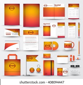 Corporate identity template set with bright orange halftone texture on blurred background. Business stationery mock-up. Branding design
