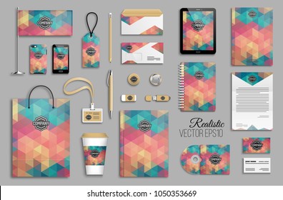 Corporate identity template set. Business stationery mock-up with logo. Branding design. Colorful geometric background.