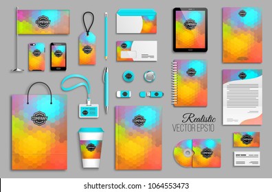 Corporate identity template set. Business stationery mock-up with logo. Branding design. Colorful fluid geometric background.