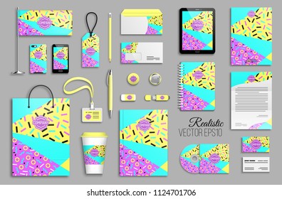Corporate identity template set. Business stationery mock-up with logo. Branding design. Colorful the nineties style, geometric background.