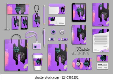 Corporate identity template set. Business stationery mock-up with logo. Branding design. Colorful trendy background with hand drawn brush strokes and doodles.