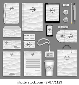 Corporate identity template set. Business stationery mock-up with logo. Branding design. Letter envelope, card, catalog, pen, pencil, badge, paper cup, notebook, tablet pc, mobile phone, letterhead