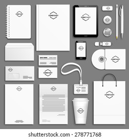 Corporate identity template set. Business stationery mock-up with logo. Branding design. Letter envelope, card, catalog, pen, pencil, badge, paper cup, notebook, tablet pc, mobile phone, letterhead - Shutterstock ID 278771768