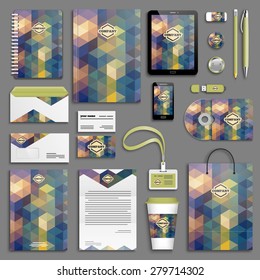 Corporate identity template set. Business stationery mock-up with logo. Branding design. Letter envelope, card, catalog, pen, pencil, badge, paper cup, notebook, tablet pc, mobile phone, letterhead