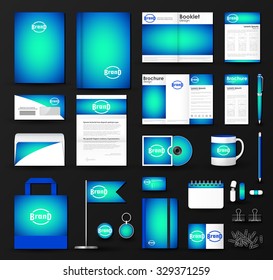 Corporate identity template set. Business stationery mock-up with bright blue blurred background and logo. Branding design.