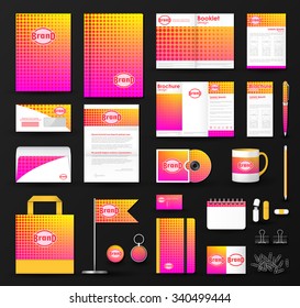 Corporate identity template set. Business stationery mock-up with pink halftone effect on  blurred background and logo. Branding design.