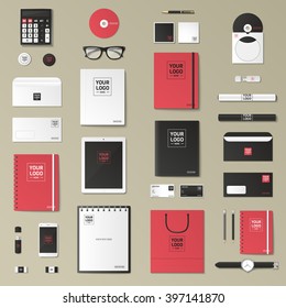 Corporate identity template set. Business stationery mock-up with logo. Branding design. Notebook, card, catalog, pen, pencil, badge,  tablet pc, mobile phone, letterhead.