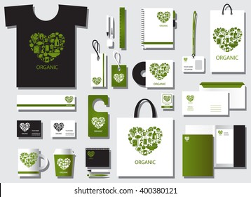 Corporate identity template set. Business stationery mock-up. Branding design.Corporate flat identity mock-up template for your design. Vector illustration. Organic food logo. Organic food heart shape