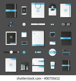 Corporate identity template set. Business stationery mock-up with logo. Branding design. Notebook, card, catalog, pen, pencil, badge,  tablet pc, mobile phone, letterhead.