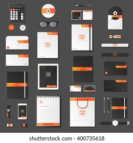 Corporate identity template set. Business stationery mock-up with logo. Branding design. Notebook, card, catalog, pen, pencil, badge,  tablet pc, mobile phone, letterhead.