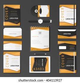 Corporate identity template set. Business stationery mock-up with logo. Branding design. Notebook, card, catalog, pen, pencil, badge,  tablet pc, mobile phone, letterhead.