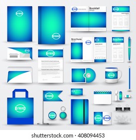 Corporate identity template set. Business stationery mock-up with bright blue blurred background and logo. Branding design.