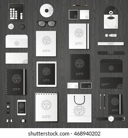 Corporate identity template set. Business stationery mock-up with logo. Branding design. Notebook, card, catalog, pen, pencil, badge, tablet pc mobile phone letterhead