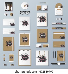 Corporate identity template set. Business stationery mock-up with logo. Branding design. Notebook, card, catalog, pen, pencil, badge, tablet pc mobile phone letterhead