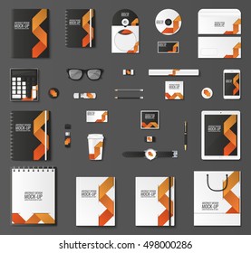 Corporate identity template set. Business stationery mock-up with logo. Branding design. Notebook, card, catalog, pen, pencil, badge, tablet pc mobile phone letterhead.