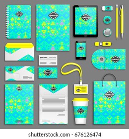 Corporate identity template set. Business stationery mock-up with logo. Branding design. Colorful summer hipster neon geometric background with mexican layout.