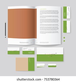Corporate identity template set. Business stationery mock-up with logo template. Set of envelope, card, catalog, tags, notebook, etc. Vector illustration.