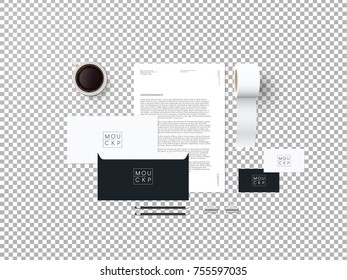 Corporate identity template set. Business stationery mock-up with logo template. Set of envelope, card, blank, tape, coffee cup, etc. isolated on transparent background. Vector illustration.