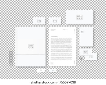 Corporate identity template set. Business stationery mock-up with logo template. Set of envelope, card, catalog, tags, etc. isolated on transparent background. Vector illustration.