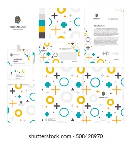 Corporate Identity Template Set With Digital Logo And Circle Plus And Triangle Pattern.  Vector, Modern Company Style For Brandbook And Guideline. Card, Pen, Badge, Letterhead, Notebook. Eps 10