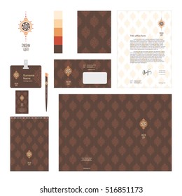 Corporate identity template set with indian ethnic boho mehndi tattoo logo. Brown and gold vector, modern ornament for brandbook and guideline. Card, pen, badge, letterhead, notebook. eps 8